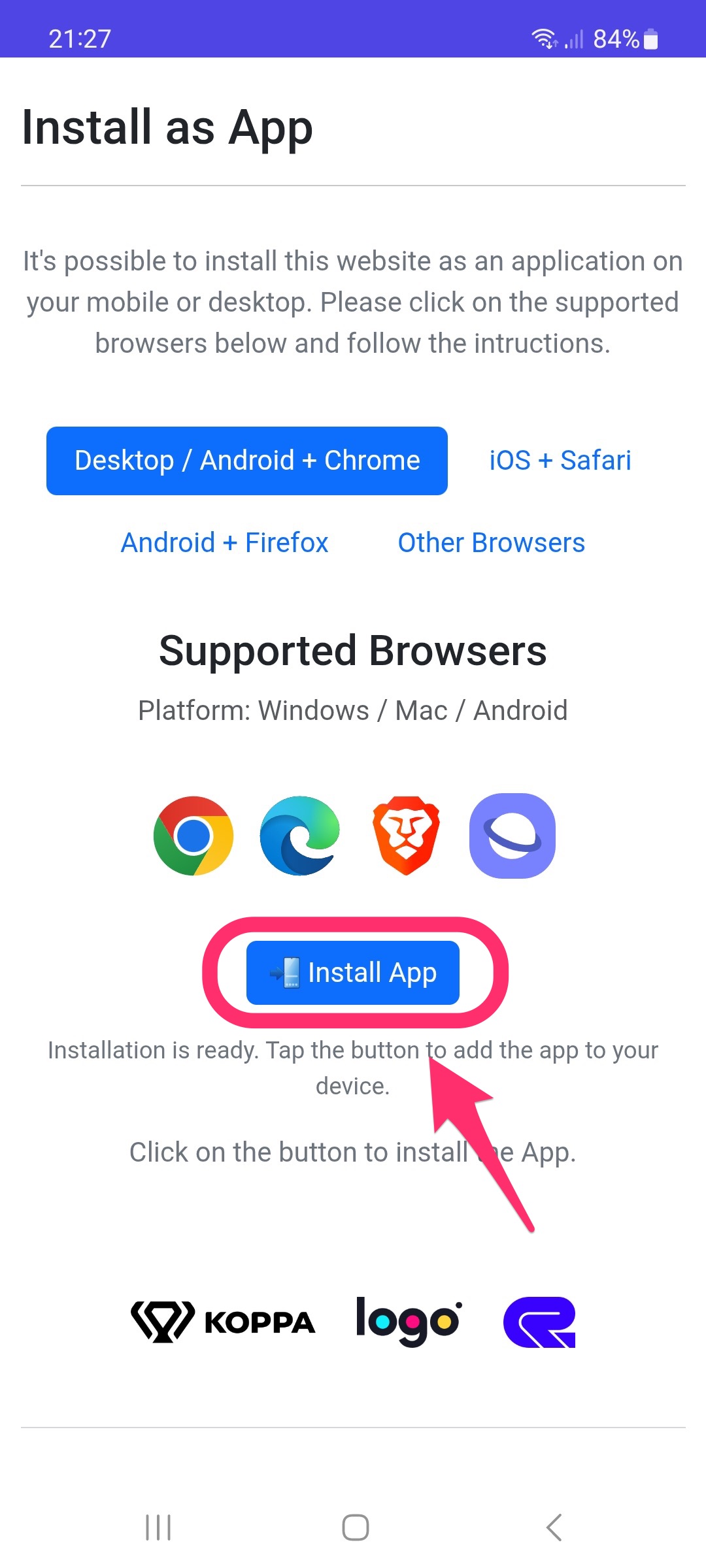 Schaltfläche App installieren in Chrome auf Android