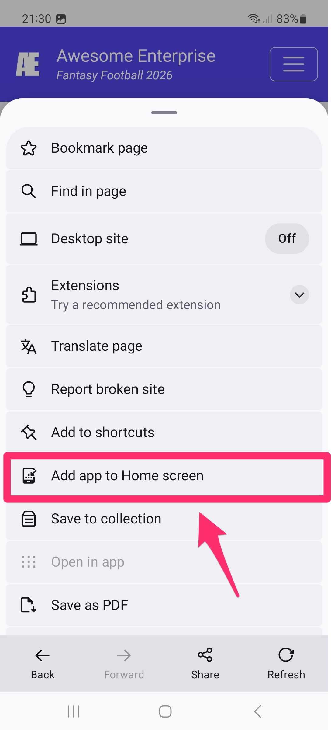 Option App zum Startbildschirm hinzufügen in Firefox auf Android